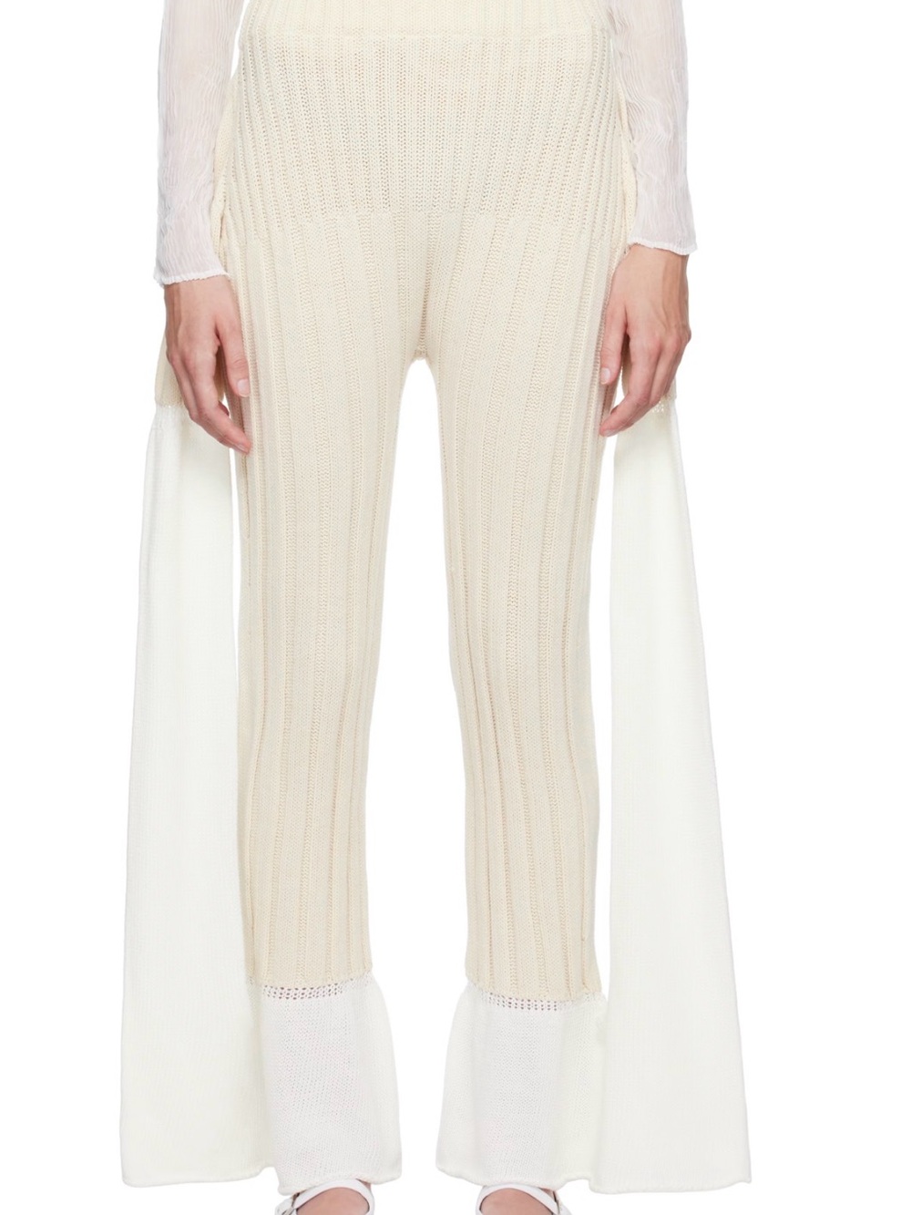Issey Miyake Cream Ribbed Wide-Leg Knit Pants with Draped Panels